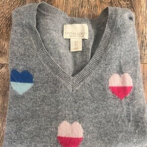 Cynthia Rowley Gray V-Neck Sweater with Colorful Hearts